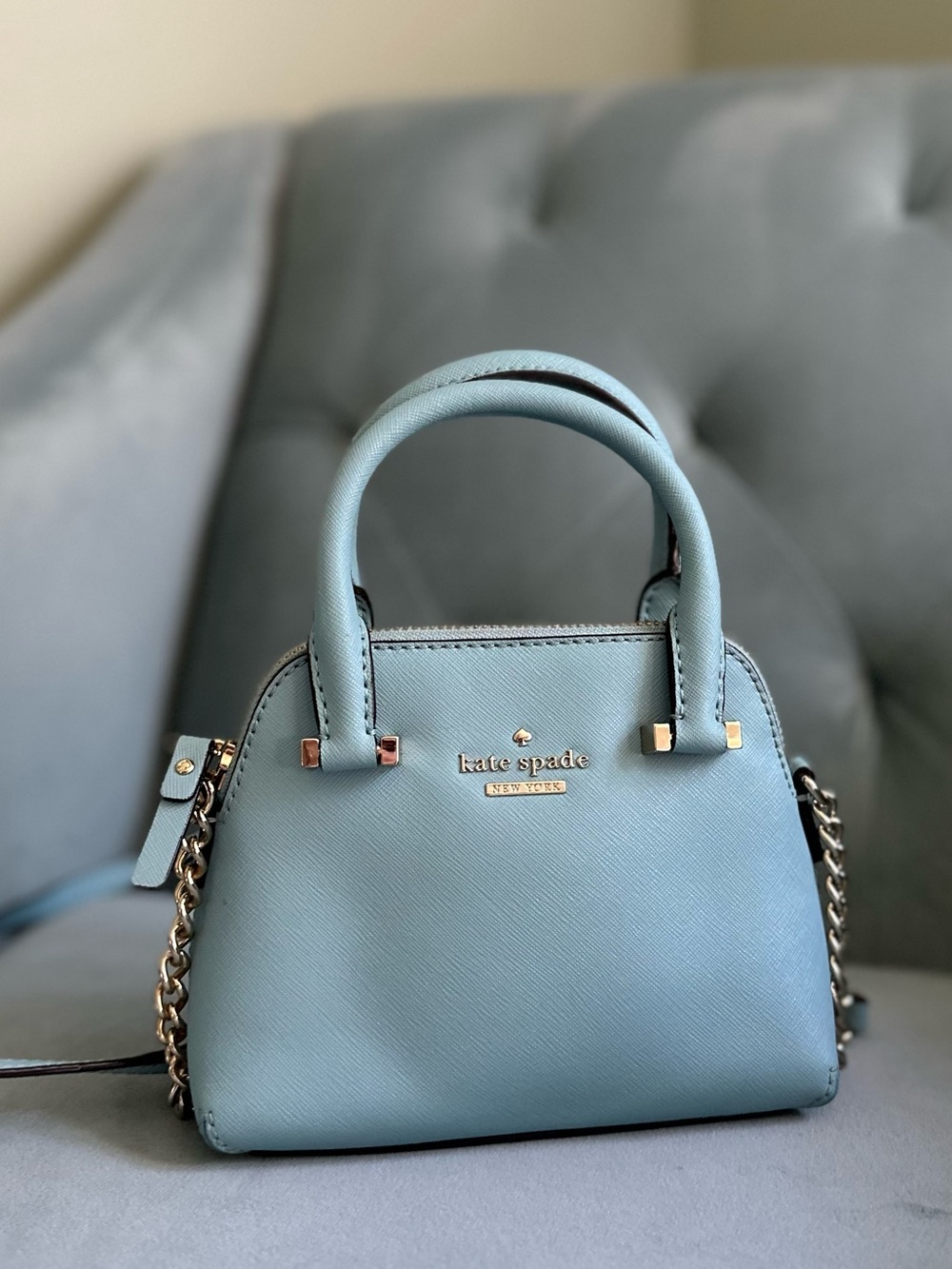 kate spade mini dome satchel in light blue with gold hardware
